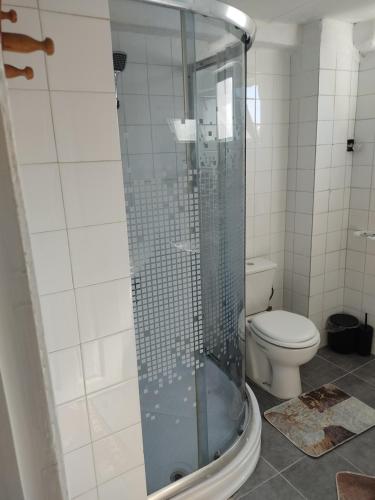 een badkamer met een douche en een toilet bij arya apart in Ayvalık