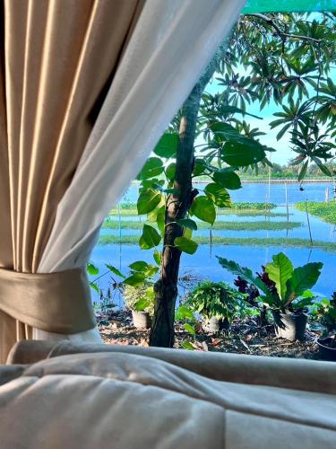 a bed with a window with a view of a body of water at MrT Riverside Sampran มิสเตอร์ที โฮมสเตย์-ริมนที in Sam Phran