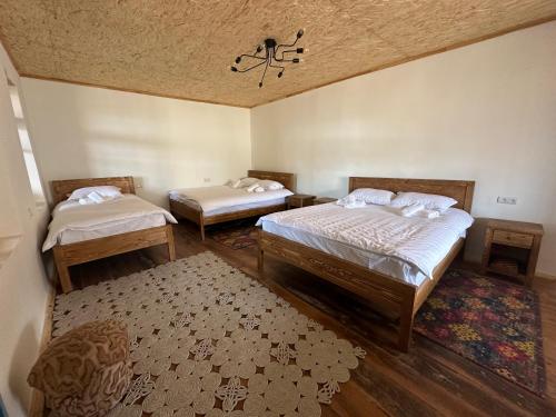 a bedroom with two beds and a chandelier at Hovk Farms in Dilijan