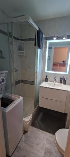 une salle de bain avec une douche, un lavabo et des toilettes dans l'établissement Lovely beach, à Sainte-Maxime