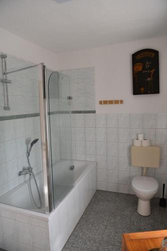a bathroom with a shower and a tub and a toilet at Ferienwohnung am Netzener See in Lehnin