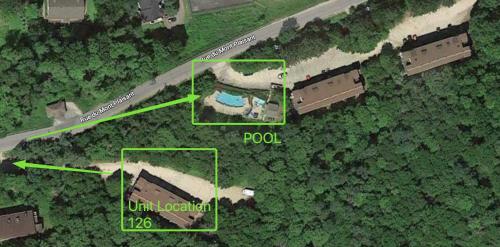 a map of a yard with a house and a pool at Studio LIV204 by Gestion ELITE in Mont-Tremblant