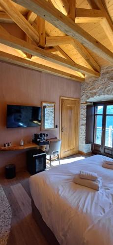 a large bedroom with a large bed and a desk at Casagli Luxury Suites in Dhimitsana