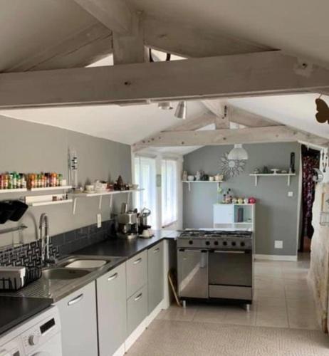 une cuisine avec un évier et une cuisinière four supérieur dans l'établissement La Chaumière, à Salles-Lavalette