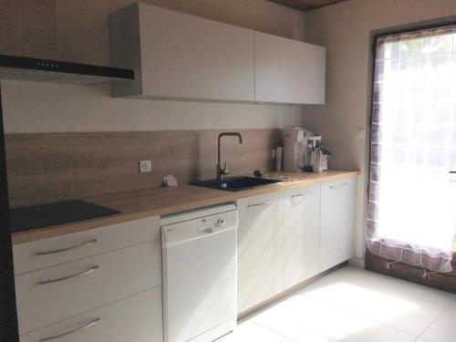 une cuisine avec des armoires blanches et un évier dans l'établissement La grande Seibel, à Les Bussolleries