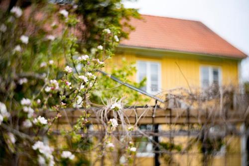 een geel huis met een rood dak en wat bloemen bij Västervik rum & Stugor in Västervik