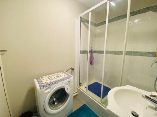 une salle de bain avec une machine à laver et un lavabo dans l'établissement L'Escadrille, à Saint-Gilles-Croix-de-Vie