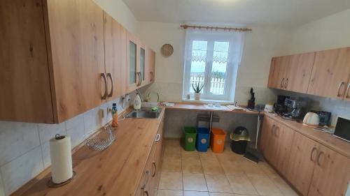 a large kitchen with wooden cabinets and a sink at Penzion Prachov in Jičín