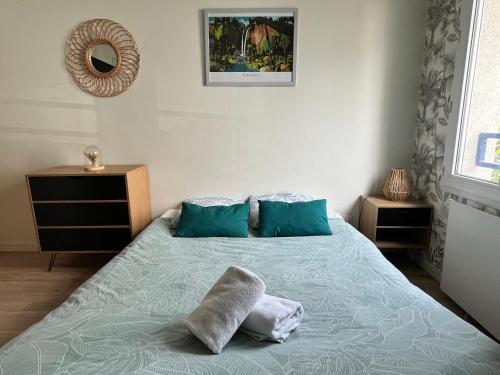 une chambre avec un lit avec des oreillers bleus et un miroir dans l'établissement Agréable Studio Calme - Proche Tramway et Centre, à Nantes