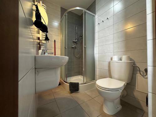 Un baño con inodoro, lavabo y ducha. en Apartament Serwis, en Cracovia