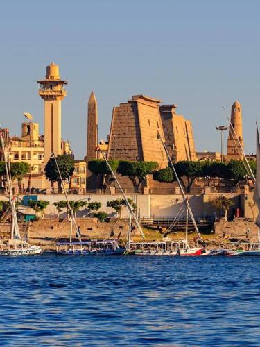 un grupo de barcos en el agua cerca de una ciudad en Luxor west bank, en Luxor