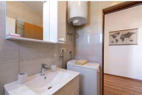 a bathroom with a sink and a toilet and a mirror at HOLIDAY HOME LUANA in Maslenica