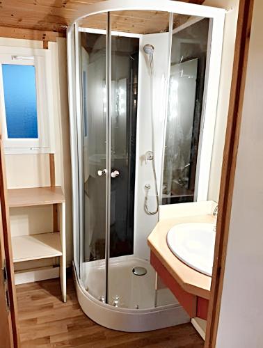 une salle de bain avec douche et lavabo dans l'établissement Bungalow paisible à Agde avec piscine partagée, à Agde