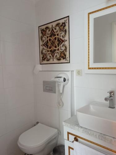 a bathroom with a toilet and a sink and a mirror at BUDAKZADE KONAĞI OTEL-RESTAURANT 1841 in Karşıyaka