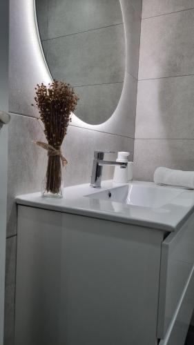 bagno con lavandino bianco e specchio di Apartamento Corbaceiras a Pontevedra
