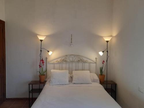 um quarto com uma cama branca e 2 candeeiros em Casa de las Lavandas, Ávila em Ávila