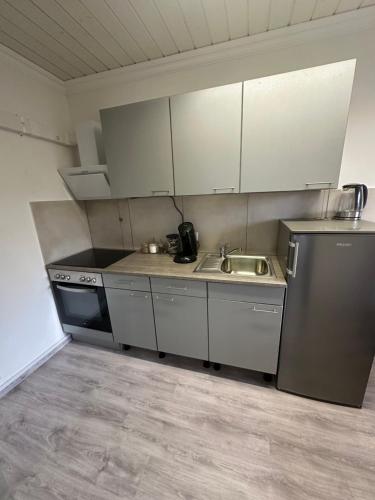 a small kitchen with a sink and a refrigerator at Ferienwohnung Steinebach in Steinebach