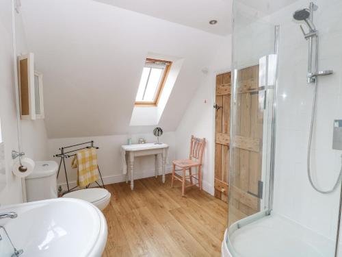 a bathroom with a shower and a toilet and a sink at The Hayloft in Norwich