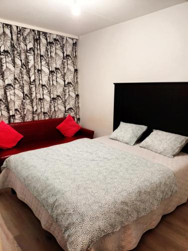 Centrally Located Studio Apartment في إسبو: غرفة نوم بسرير كبير ومخدات حمراء