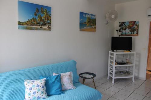 a living room with a blue couch and a tv at Le Colibri et le Frangipanier in La Trinité
