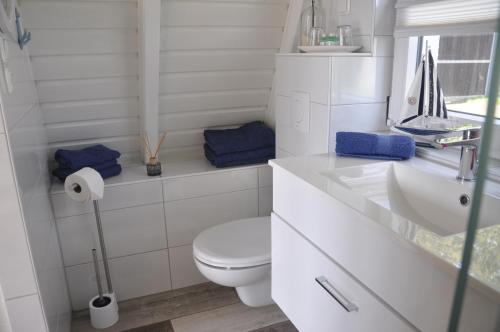 La salle de bains blanche est pourvue de toilettes et d'un lavabo. dans l'établissement Ferienhaus nähe Warnemünde 3, à Elmenhorst