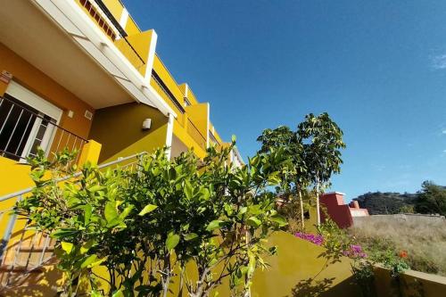 a yellow building with a tree in front of it at Villa La Flor de Anaga in Las Lagunas