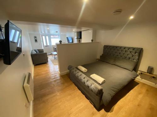 duża kanapa w salonie z telewizorem w obiekcie LT Apartments 56 - Free St parking w mieście Leicester