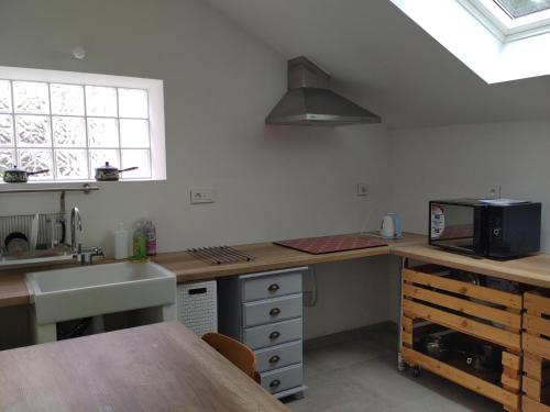 Il comprend une cuisine équipée d'un évier et d'un comptoir avec un four micro-ondes. dans l'établissement Détour en baie de somme, au Crotoy