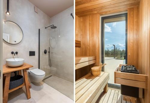 Un baño con ducha, inodoro y lavabo. en Villa Rea, en Grožnjan