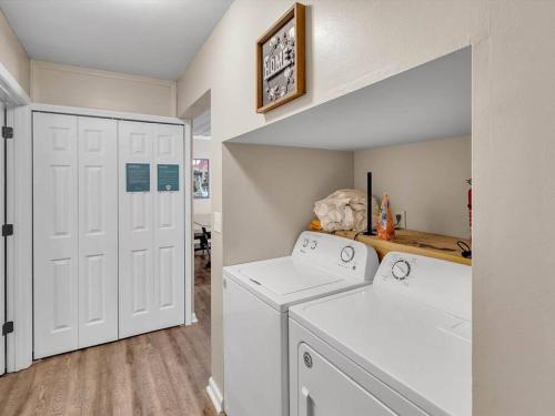 a laundry room with two washes and a white door at Smoky Bear Lodge at Gr Smoky Mtn Park in Bryson City