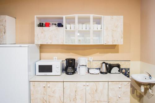 a kitchen with a counter top with a microwave at Maria Hostel in Valga