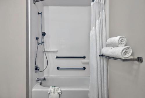 uma casa de banho com chuveiro, WC e toalhas em Holiday Inn Express & Suites Kansas City Airport, an IHG Hotel em Kansas City