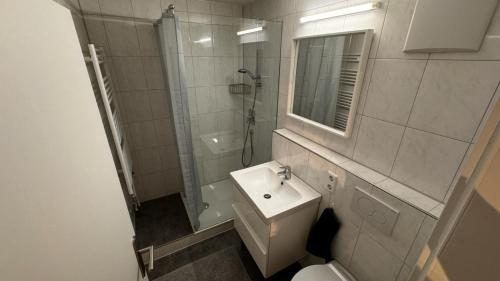 y baño con ducha, lavabo y aseo. en Apartment 1 im Lehenviertel en Stuttgart