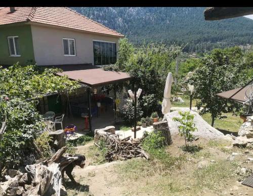 a house with a yard with a umbrella and a patio at Canerbey Çiftlik Dağ Evi 2 in Ovacık