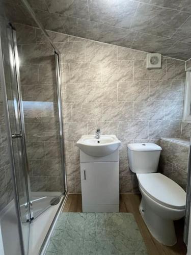 uma casa de banho com um WC, um lavatório e um chuveiro em old cricket pavilion, Riding mill, Northumberland em Newcastle upon Tyne