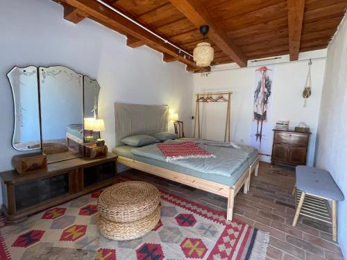 a bedroom with a bed and a mirror and a rug at Chez Sári in Sarud