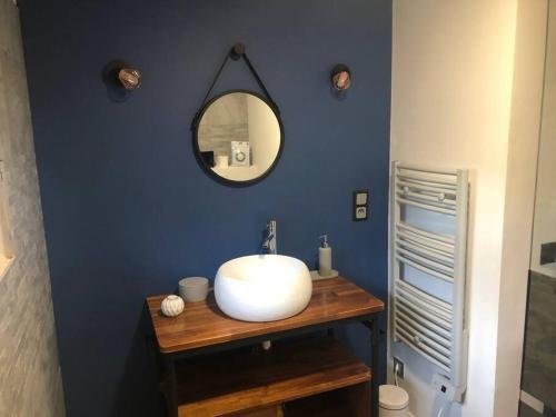 een badkamer met een witte wastafel en een spiegel bij Studio style biker avec parking fermé in Izon