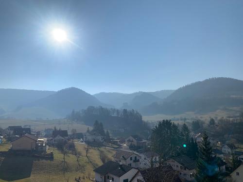 a view of a town with mountains in the background at Chez Svanette B&B Villa Sonnglück in Zullwil