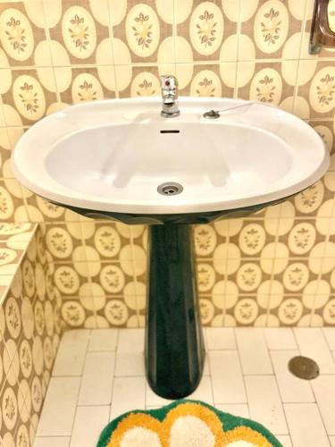 a white sink in a bathroom with a green drain at Apartamento Faro - T3 in Faro