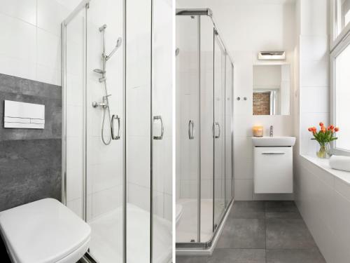 Elite Apartments Stare domki في غدانسك: حمام مع دش ومرحاض ومغسلة