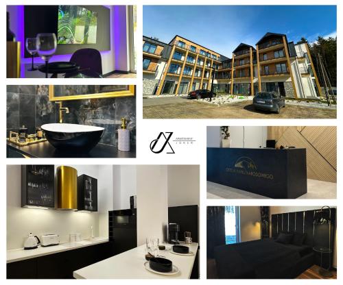 a collage of photos of a building and a house at Luksusowy Apartament Joker 2 in Szklarska Poręba