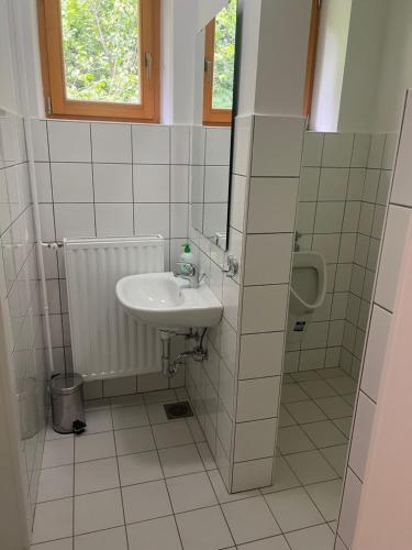 a bathroom with a sink and a shower at Hostel Črjanski raj in Črna na Koroškem