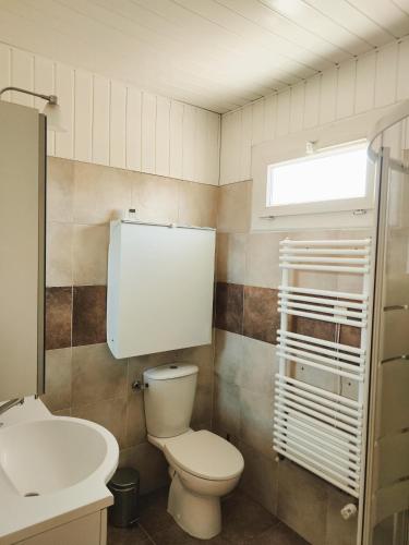 une salle de bain avec toilettes et lavabo dans l'établissement Le PATIO GARONNE maison 6 personnes, climatisé, Netflix, à Portet-sur-Garonne
