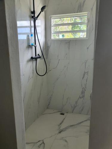 a bathroom with a shower with marble walls and a window at Vilalea - Maison de vacances 8 pers in Petit-Bourg