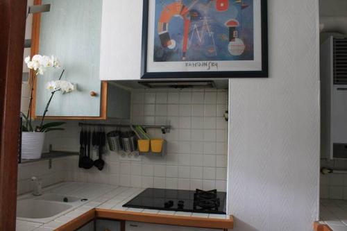 d'une cuisine avec une cuisinière et un évier. dans l'établissement Luchon plein centre, Ski, Soleil et Eaux thermales 100m Remontée 400m Thermes, à Luchon