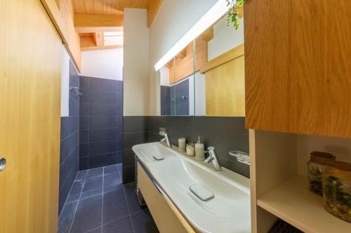 La salle de bains est pourvue d'un lavabo blanc et d'une douche. dans l'établissement Apartment Pipistrelle by Dieckereise, à Verbier