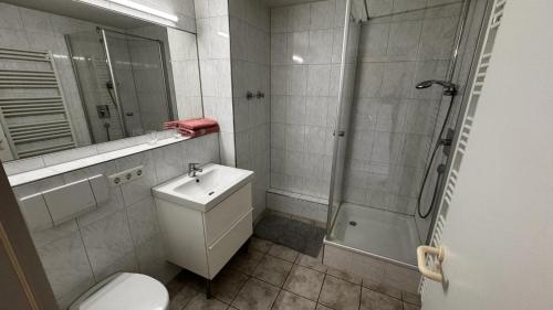 y baño con aseo, ducha y lavamanos. en 2 Zimmer Wohnung am Milaneo en Stuttgart