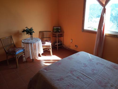 een slaapkamer met een tafel en 2 stoelen en een raam bij Habitación en A Armenteira in Gil