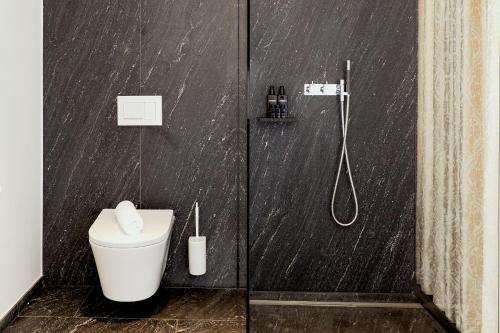 a bathroom with a toilet and a shower at Das Flint in Dornbirn