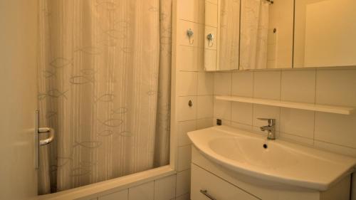 a bathroom with a shower and a sink at Residence Ulysse Port Camargue in Le Grau-du-Roi